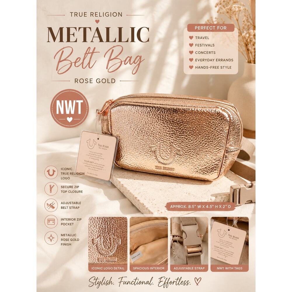 True Religion Metallic Rose Gold Belt Bag Fanny Pack Waist Bag NWT
